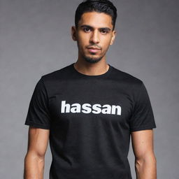 A sleek black t-shirt with the name 'Hassan' prominently displayed in white lettering.