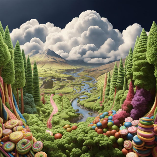 Ultra realistic high-definition image showcasing a vibrant forest in Ireland with a distant mountain comprised entirely of candy and lollies