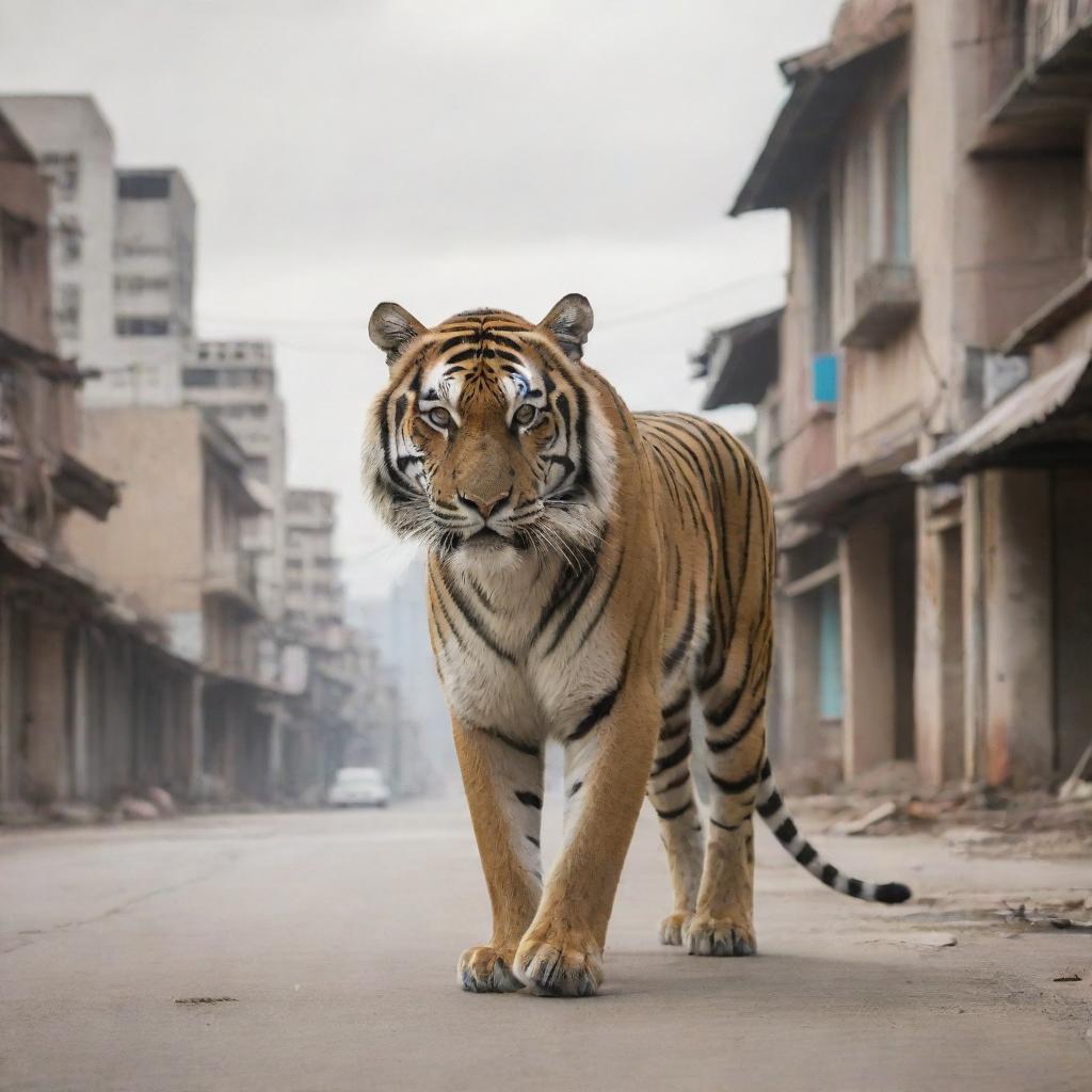 A majestic tiger roaming freely in an eerily deserted town, buildings towering in the background.