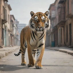 A majestic tiger roaming freely in an eerily deserted town, buildings towering in the background.