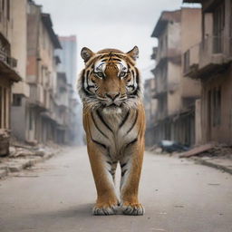 A majestic tiger roaming freely in an eerily deserted town, buildings towering in the background.