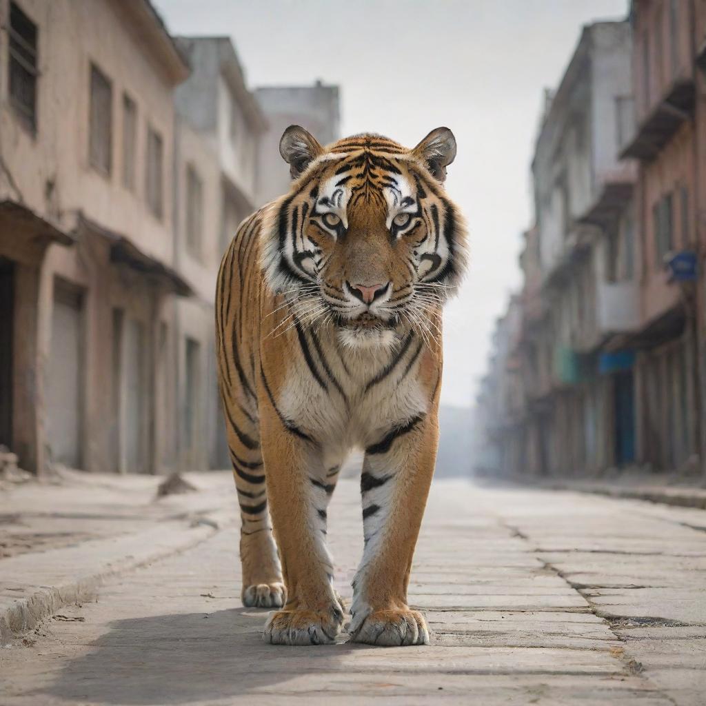 A majestic tiger roaming freely in an eerily deserted town, buildings towering in the background.