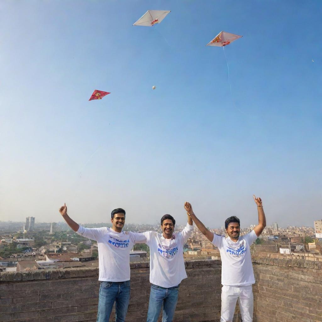 Generate a 3D image of three friends, Prashant, Ashish, and Ritesh, wearing white jerseys with their names on them, joyfully flying kites on a rooftop. Include 'Happy Makarsankranti 2024' written in the sky.