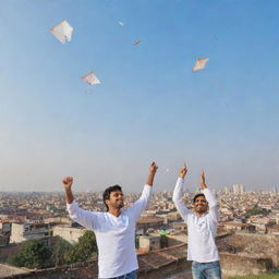 Generate a 3D image of three friends, Prashant, Ashish, and Ritesh, wearing white jerseys with their names on them, joyfully flying kites on a rooftop. Include 'Happy Makarsankranti 2024' written in the sky.