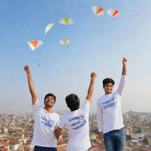 Generate a 3D image of three friends, Prashant, Ashish, and Ritesh, wearing white jerseys with their names on them, joyfully flying kites on a rooftop. Include 'Happy Makarsankranti 2024' written in the sky.