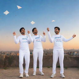 Generate a 3D image of three friends, Prashant, Ashish, and Ritesh, wearing white jerseys with their names on them, joyfully flying kites on a rooftop. Include 'Happy Makarsankranti 2024' written in the sky.