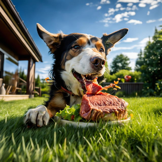 A healthy, playful dog happily munching on a juicy piece of meat, on a grassy backyard under a sunny sky.