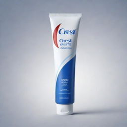 Generate an image of the Crest toothpaste brand, emphasizing the colors blue, red, and white for a stark key visual