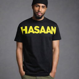 A black t-shirt with the name 'Hassan' prominently displayed in vibrant yellow letters