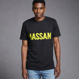 A black t-shirt with the name 'Hassan' prominently displayed in vibrant yellow letters