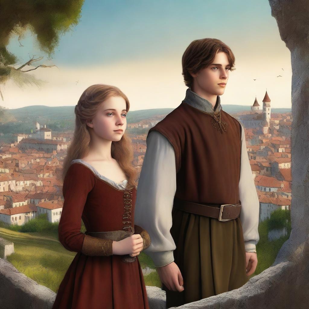 A high-quality digital art image for a young adult fantasy book cover, featuring a boy and a girl in 15th-century clothes, with an old city on a hill as the background