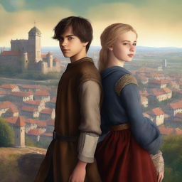 A high-quality digital art image for a young adult fantasy book cover, featuring a boy and a girl in 15th-century clothes, with an old city on a hill as the background