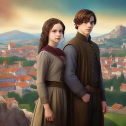 A high-quality digital art image for a young adult fantasy book cover, featuring a boy and a girl in 15th-century clothes, with an old city on a hill as the background