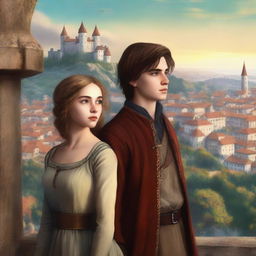 A high-quality digital art image for a young adult fantasy book cover, featuring a boy and a girl in 15th-century clothes, with an old city on a hill as the background