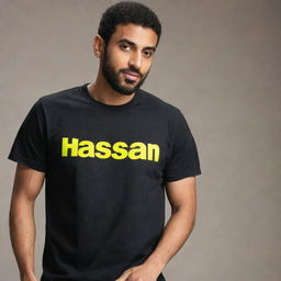 A black t-shirt with the name 'Hassan' prominently displayed in vibrant yellow letters