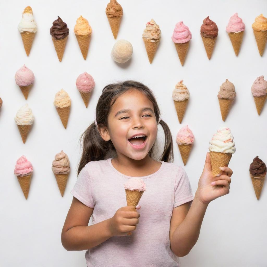 A girl joyfully selecting her favorite flavor from an array of ice cream choices, against a white background.