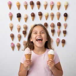 A girl joyfully selecting her favorite flavor from an array of ice cream choices, against a white background.