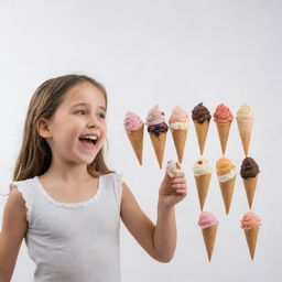 A girl joyfully selecting her favorite flavor from an array of ice cream choices, against a white background.