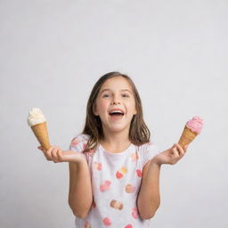 A girl joyfully selecting her favorite flavor from an array of ice cream choices, against a white background.