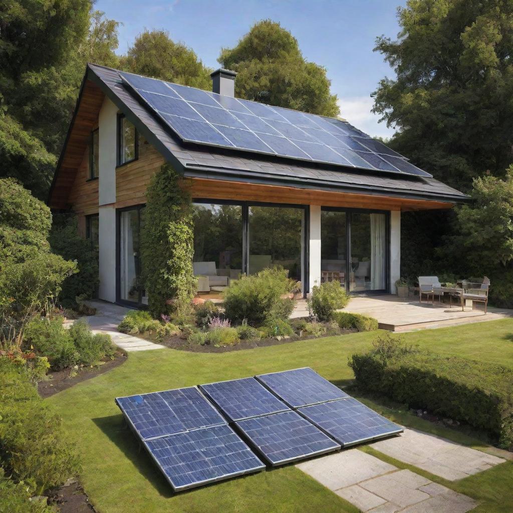 Generate an image of a modern, eco-friendly house with solar panels on the roof and a lush green garden in the front.