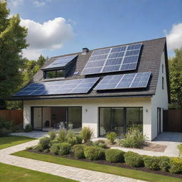 Generate an image of a modern, eco-friendly house with solar panels on the roof and a lush green garden in the front.