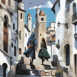 A high-quality digital art image of a young adult fantasy book cover featuring an old town on a hill with white stone buildings, narrow streets, climbing stairs, and shadowy arches