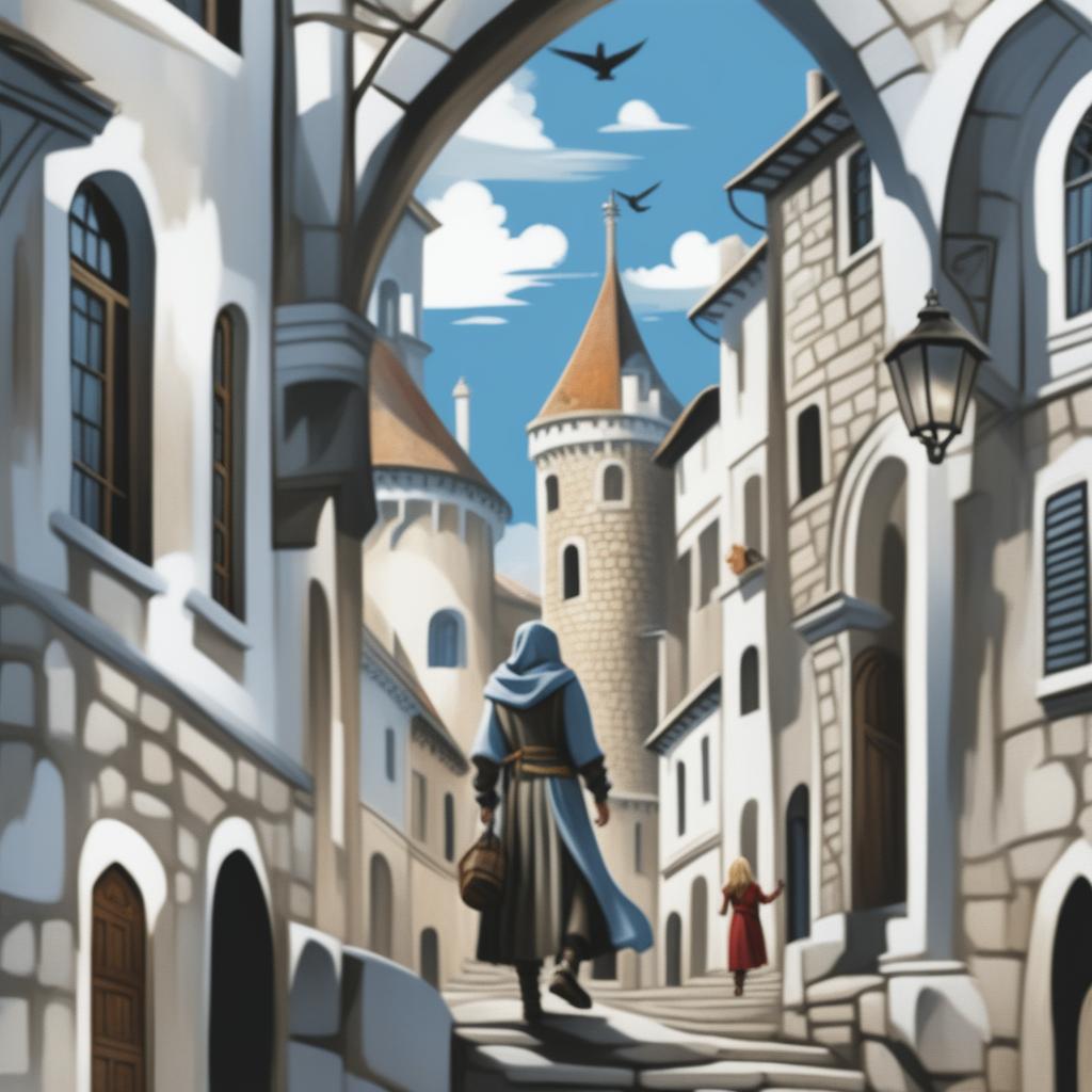 A high-quality digital art image of a young adult fantasy book cover featuring an old town on a hill with white stone buildings, narrow streets, climbing stairs, and shadowy arches