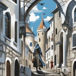 A high-quality digital art image of a young adult fantasy book cover featuring an old town on a hill with white stone buildings, narrow streets, climbing stairs, and shadowy arches