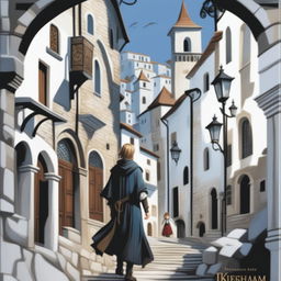 A high-quality digital art image of a young adult fantasy book cover featuring an old town on a hill with white stone buildings, narrow streets, climbing stairs, and shadowy arches