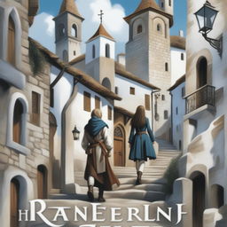 A high-quality digital art image of a young adult fantasy book cover featuring an old town on a hill with white stone buildings, narrow streets, climbing stairs, and shadowy arches