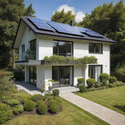 Generate an image of a modern, eco-friendly house with solar panels on the roof and a lush green garden in the front.