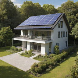 Generate an image of a modern, eco-friendly house with solar panels on the roof and a lush green garden in the front.