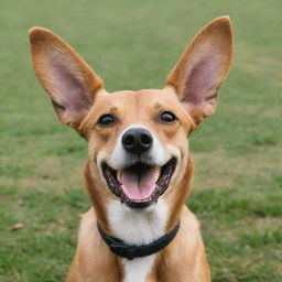 A joyful dog with its ears perked up, playfully alert