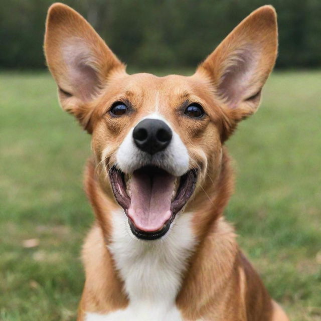 A joyful dog with its ears perked up, playfully alert