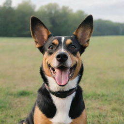 A joyful dog with its ears perked up, playfully alert