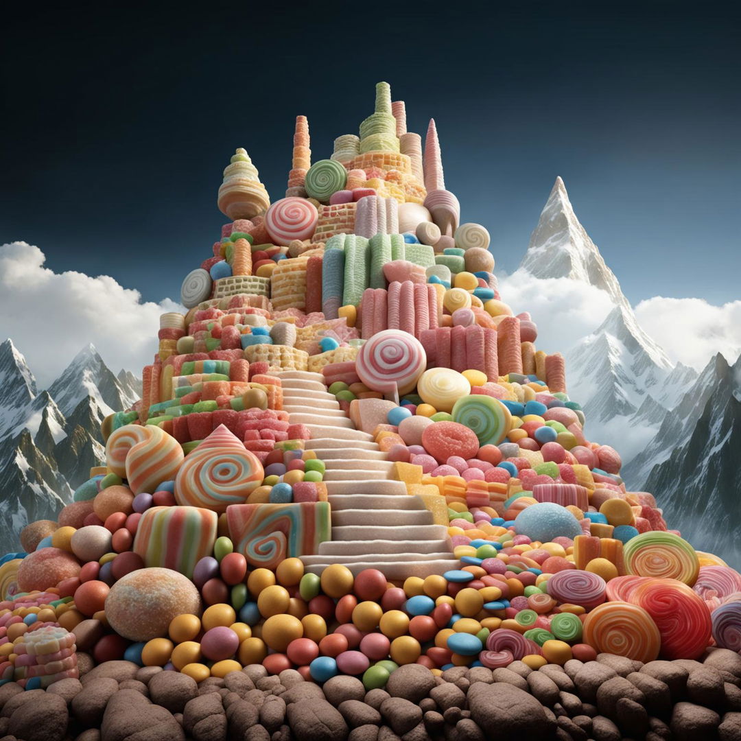 A majestic mountain composed entirely of various types of colorful, mouthwatering candy