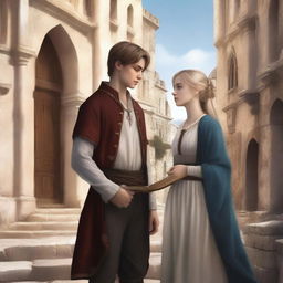 A high-quality digital art image of a young adult fantasy book cover featuring a boy and a girl in 15th-century clothes