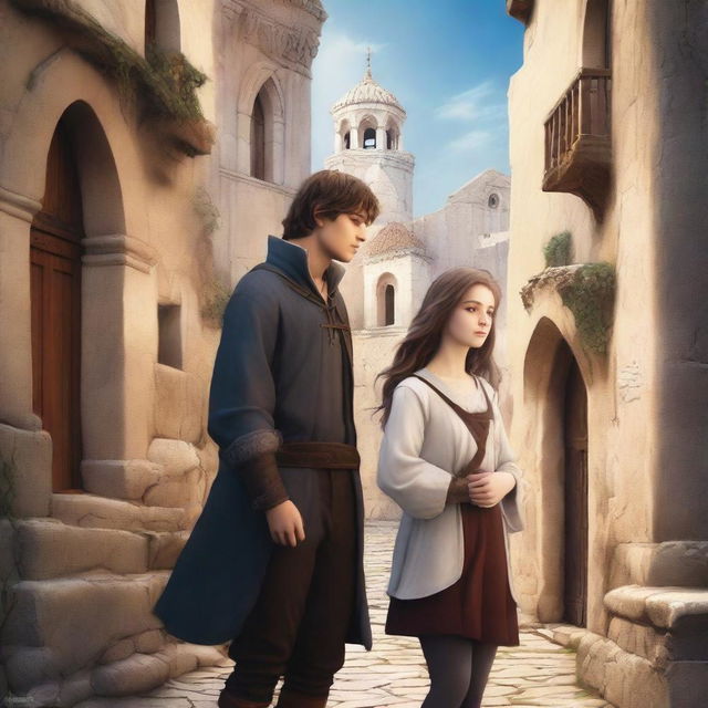 A high-quality digital art image of a young adult fantasy book cover featuring a boy and a girl in 15th-century clothes