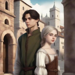 A high-quality digital art image of a young adult fantasy book cover featuring a boy and a girl in 15th-century clothes