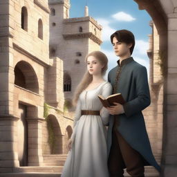 A high-quality digital art image of a young adult fantasy book cover featuring a boy and a girl in 15th-century clothes