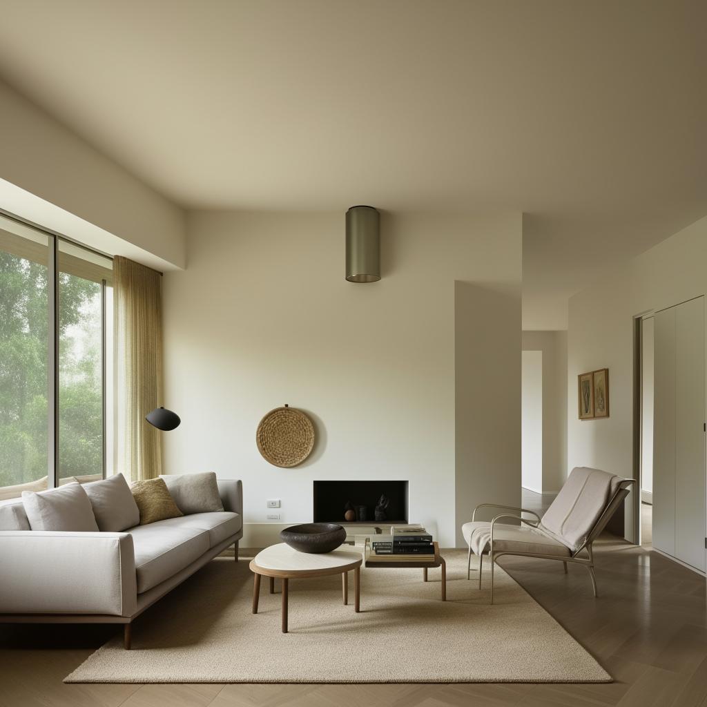 A contemporary, minimalist living space influenced by Axel Vervoordt's style. Emphasis on natural lighting and a neutral color palette