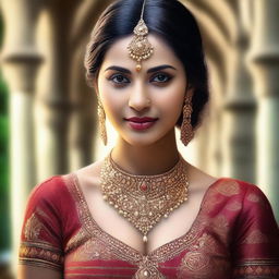 A realistic HDR image showcasing a stunning Indian woman with fair skin