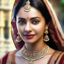 A realistic HDR image showcasing a stunning Indian woman with fair skin