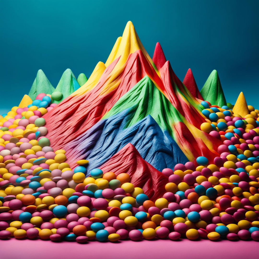 A brilliant, vibrant mountain crafted from a spectrum of colorful candies