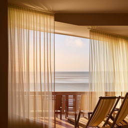 A balcony with an ocean view and two sun chairs, viewed from indoors with a soft blowing curtain. Architectural photography.