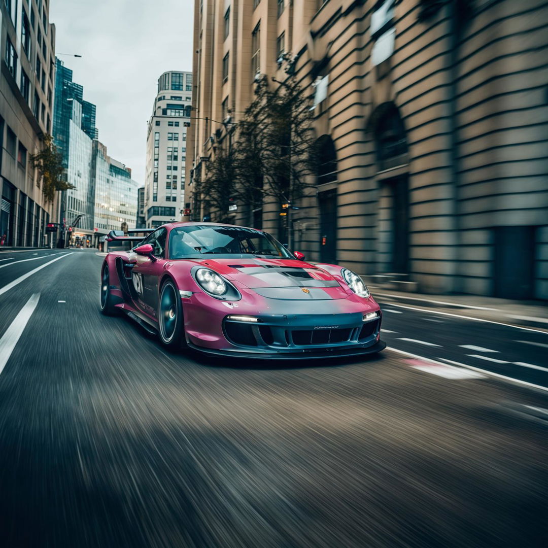 A sleek Porsche GT3 in motion on a city street, driven by a nerdy character with noticeable poor posture.