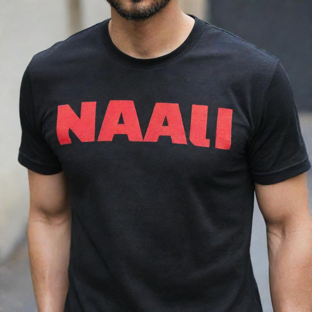 A black t-shirt with the name 'Naqi' prominently displayed in bold, vibrant red letters.