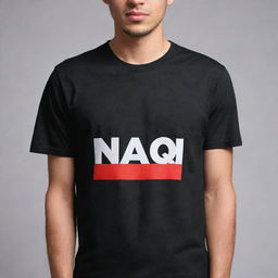 A black t-shirt with the name 'Naqi' prominently displayed in bold, vibrant red letters.