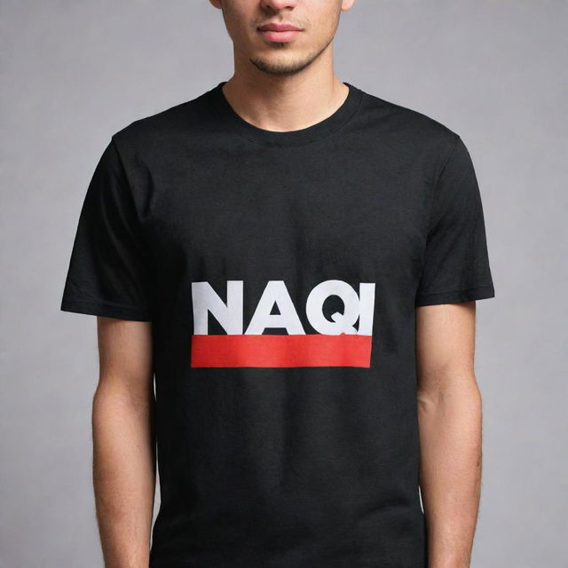 A black t-shirt with the name 'Naqi' prominently displayed in bold, vibrant red letters.