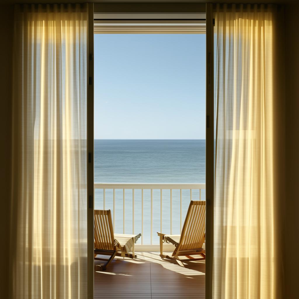 A balcony with an ocean view and two sun chairs, viewed from indoors with a soft blowing curtain. Architectural photography.